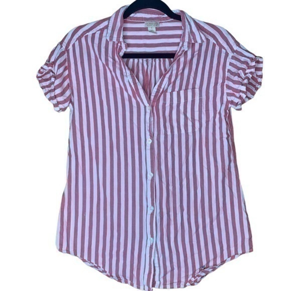 US Polo Assn Women's Shirt Top Blouse M Pink 100% Cotton Short Sleeve Striped